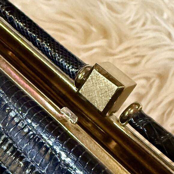 Vintage 50s 60s Black Lizard Top-handle Structured Purse Luxury Handbag MCM Glam - Picture 13 of 16